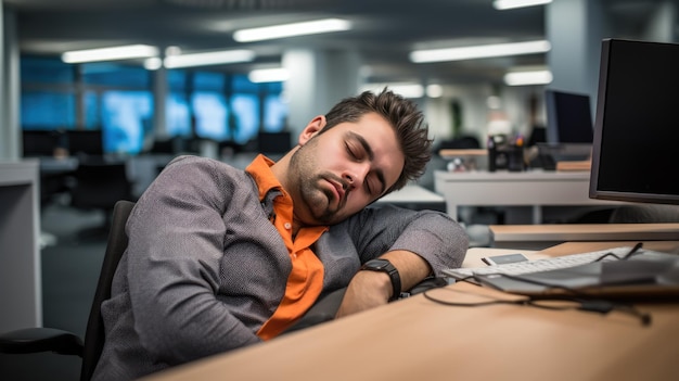 Hombre cansado del trabajo duerme en su escritorio en la oficina