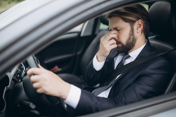 Hombre cansado con traje frotándose los ojos debido a la larga conducción del automóvil