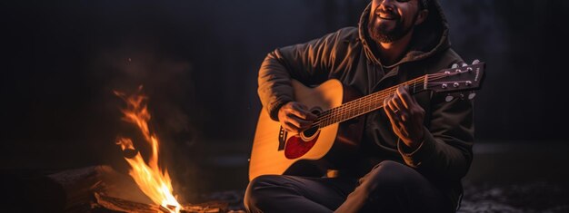 El hombre canta y toca la guitarra sentado junto al fuego en la naturaleza