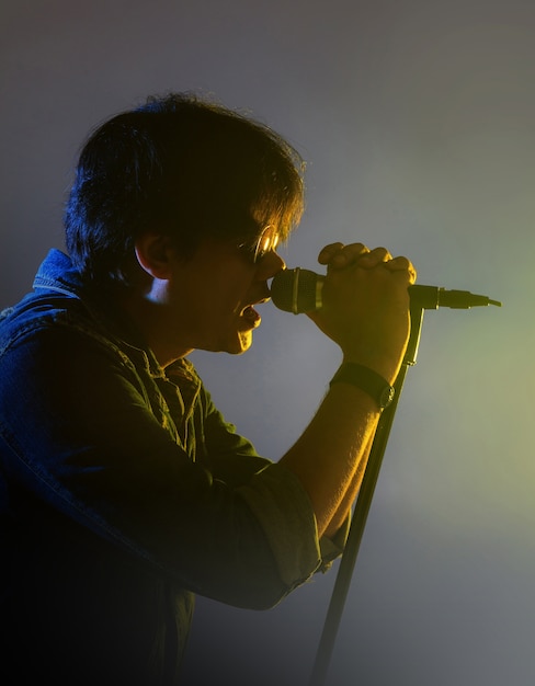 Foto un hombre cantando en un micrófono bajo foco con humo en un escenario