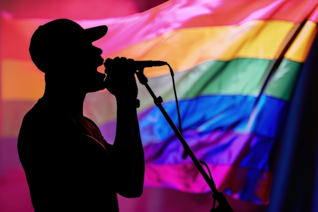 Hombre cantando en el micrófono frente a la bandera arco iris