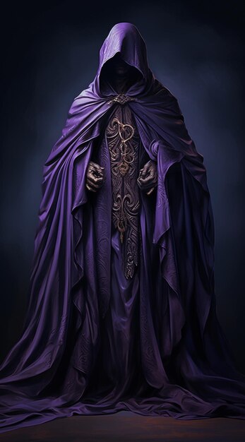 hombre con capa púrpura en una habitación oscura con una cruz en el pecho ai generativo