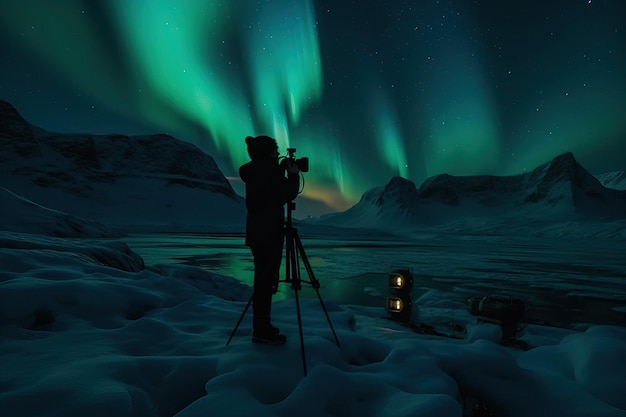 Hombre capturando el fenómeno de la aurora boreal en el círculo polar ártico