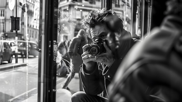 Hombre capturando la vida de la ciudad a través de la ventana del autobús