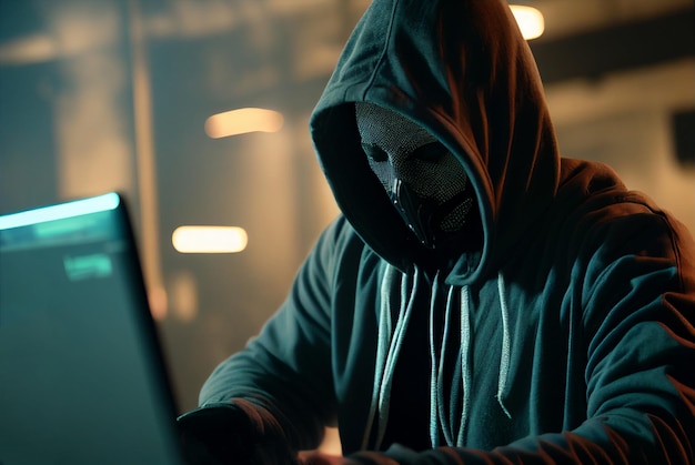 Un hombre con capucha está escribiendo en una computadora portátil.