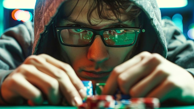 Hombre con capucha jugando al póquer
