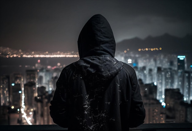 Foto un hombre con una capucha mira la ciudad por la noche generado por ia