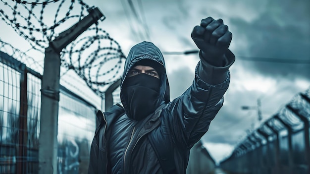 Foto un hombre con una capucha negra y una chaqueta levanta el puño en protesta de pie desafiante detrás de un telón de púas