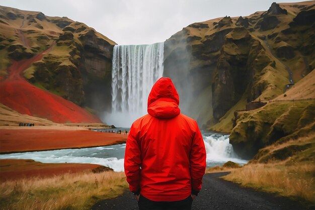 Un hombre con capucha roja de pie frente a una cascada