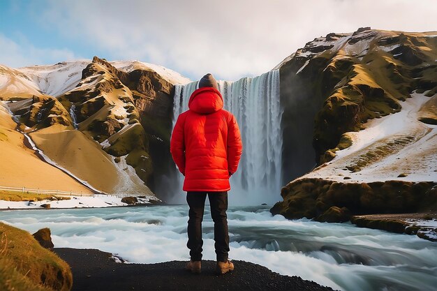 Foto un hombre con capucha roja de pie frente a una cascada