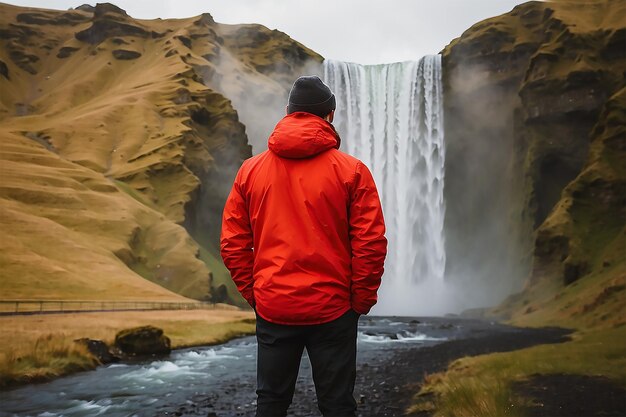 Un hombre con capucha roja de pie frente a una cascada