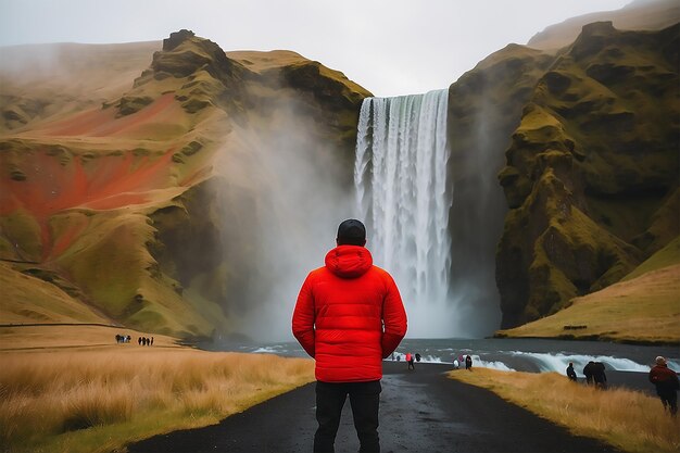 Un hombre con capucha roja de pie frente a una cascada