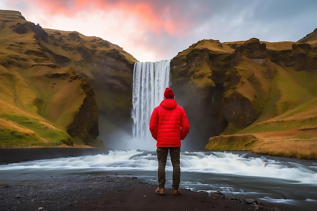Foto un hombre con capucha roja de pie frente a una cascada