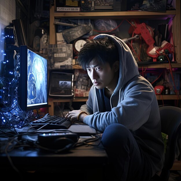 Foto un hombre con una capucha está sentado frente a un monitor de computadora