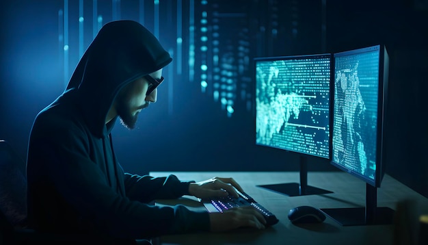 Un hombre con capucha se sienta frente a una computadora con una pantalla que dice seguridad cibernética.