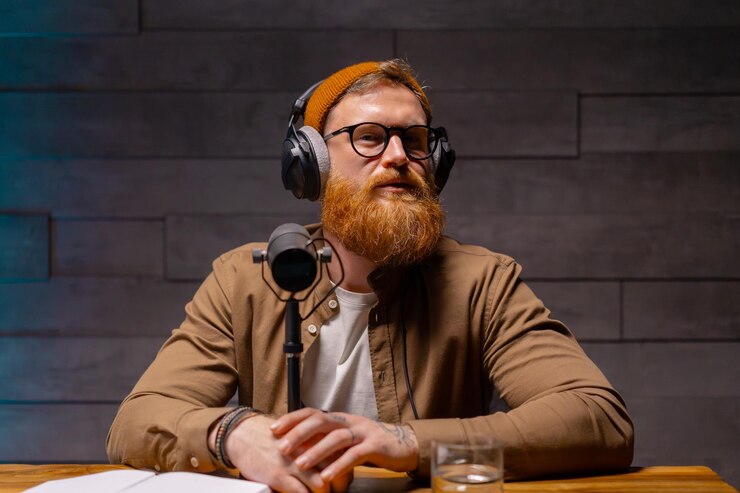 Un hombre con una cara barbuda con gafas y auriculares se sienta en una mesa con un micrófono en el frente