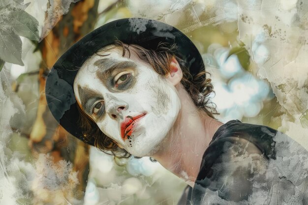 Foto un hombre con una cara blanca y un sombrero negro adecuado para diseños temáticos de halloween