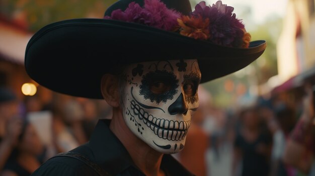 Foto un hombre con una cara de cráneo celebrando la fiesta