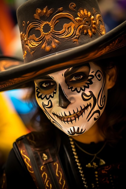 Hombre con cara de cráneo pintado la muerte maquillaje Día de los Muertos vacaciones concepto de Halloween