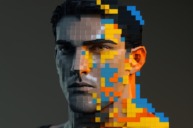 Un hombre con una cara digital hecha de píxeles.