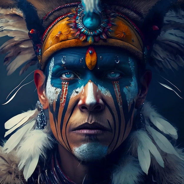 Un hombre con cara de nativo americano y plumas en la cabeza.