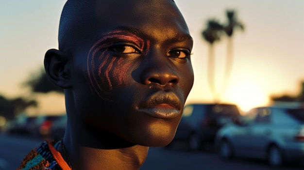 Un hombre con la cara pintada se para frente a una puesta de sol.