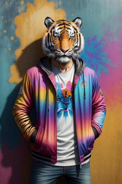 Foto un hombre con la cara de un tigre está de pie frente a una pared con coloridos graffitis de acuarela