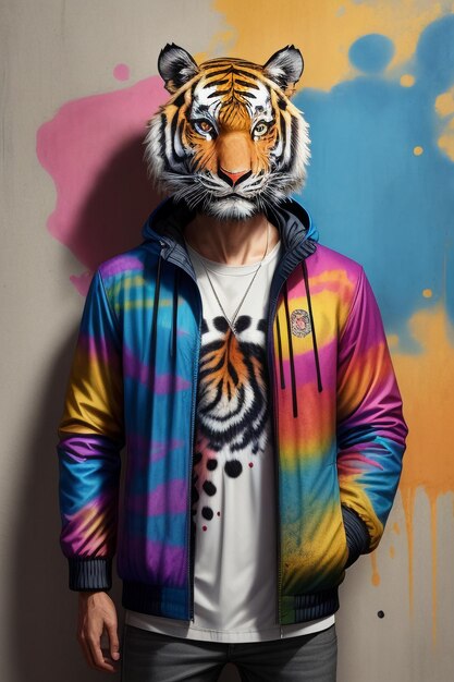 Foto un hombre con la cara de un tigre está de pie frente a una pared con coloridos graffitis de acuarela