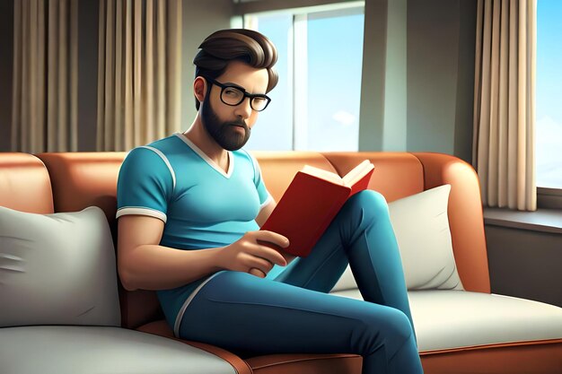 Hombre de carácter sentado en el sofá leyendo un libro ilustración 3D