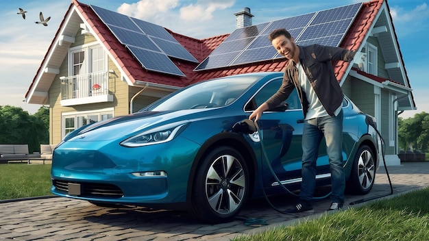 Hombre cargando coche eléctrico por la casa