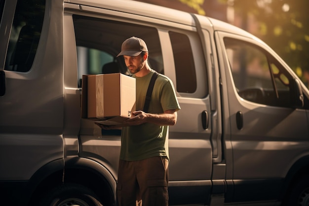 Un hombre cargando una furgoneta cargando cajas con un camión de descarga con IA generativa