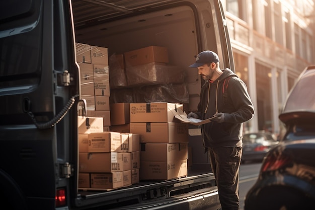 Un hombre cargando una furgoneta cargando cajas con un camión de descarga con IA generativa