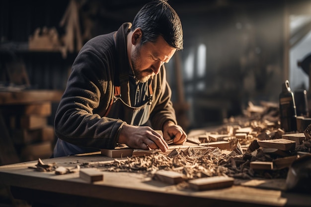 Hombre carpintero hábil que hace muebles