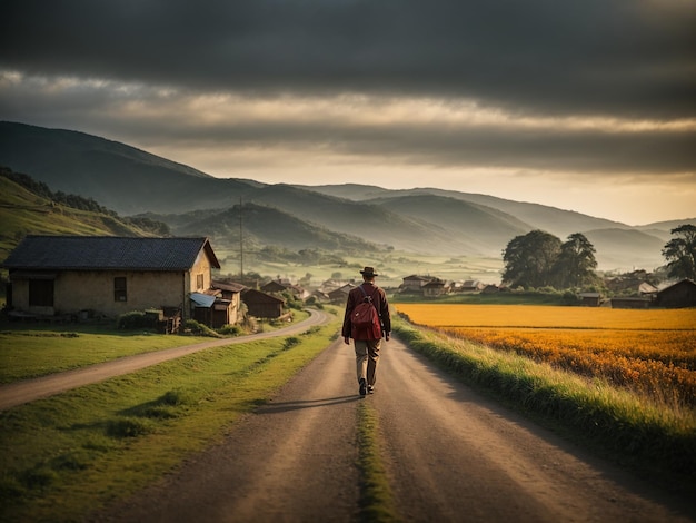 Foto un hombre en la carretera de un pueblo.