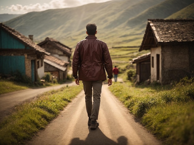 Un hombre en la carretera de un pueblo.