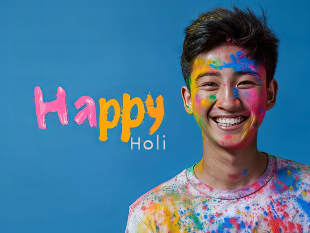 El hombre del cartel del festival de Holi sonriendo con el texto de Feliz Holi