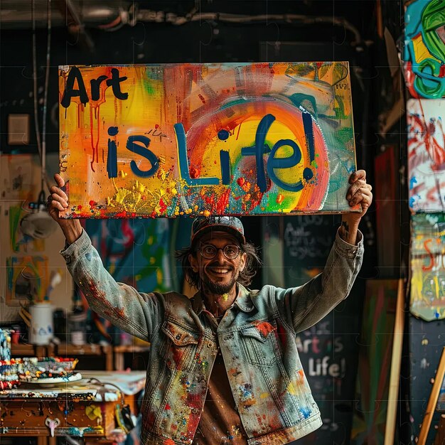 Foto un hombre con un cartel que dice que el arte es la vida