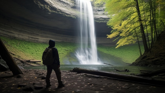 Hombre en la cascada en el bosque