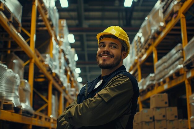 Un hombre con un casco en un almacén