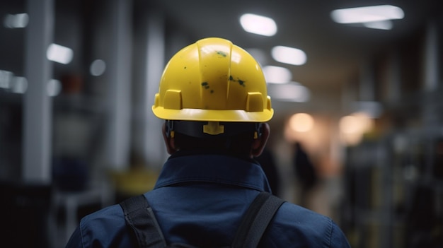 Un hombre con un casco amarillo camina por un edificio.