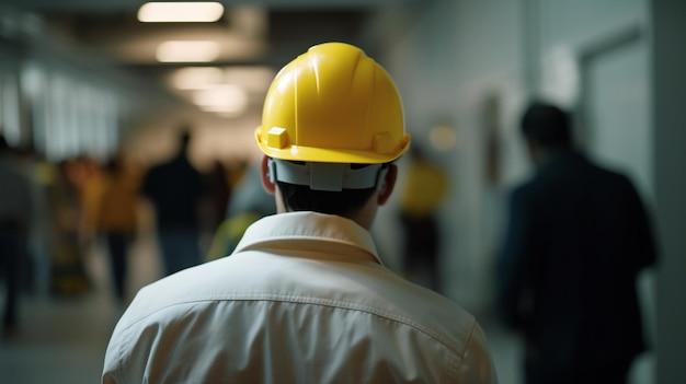 Un hombre con un casco amarillo camina por un pasillo.