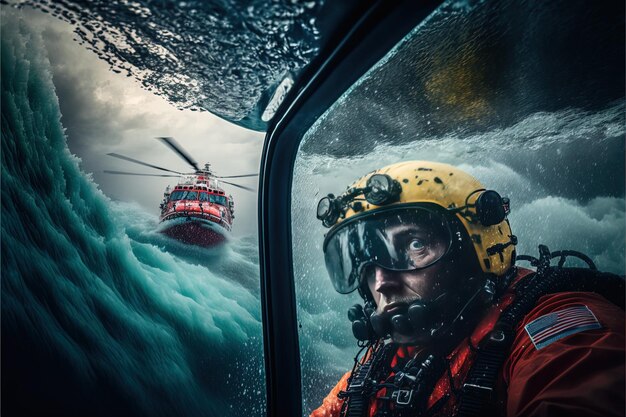 un hombre con un casco amarillo está volando un helicóptero con un helicópter rojo en el fondo