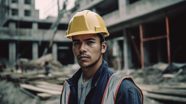 Un hombre con un casco amarillo se para frente a un edificio en construcción.