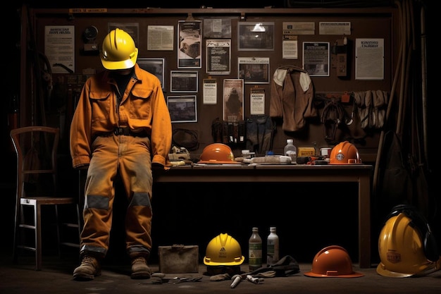 Un hombre con un casco amarillo se para frente a un escritorio con un casco y un casco encima.