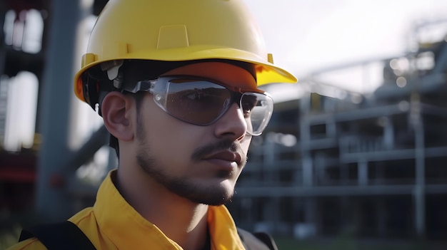 Un hombre con casco amarillo y gafas de seguridad se para frente a un sitio de construcción.