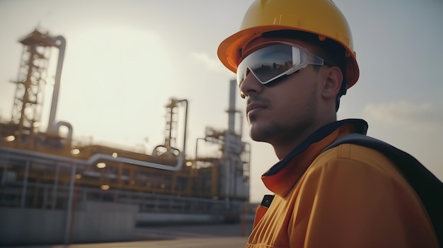 Un hombre con casco amarillo y gafas de sol se para frente a una fábrica.