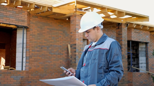 Hombre en casco blanco y en general sosteniendo planes en papel de construcción y uso de teléfono afuera en el sitio