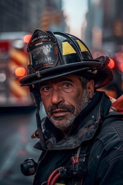 Hombre con casco de bombero en la calle de la ciudad