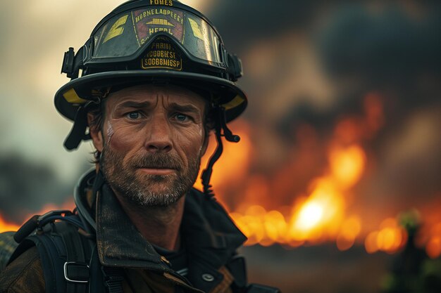 Un hombre con un casco de bomberos de pie frente a un fuego ardiente día internacional de los bomberos