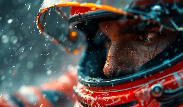 Foto un hombre con un casco de carreras está mirando a la cámara el casco es rojo y tiene una visera la cara del hombre está mojada y está sudando